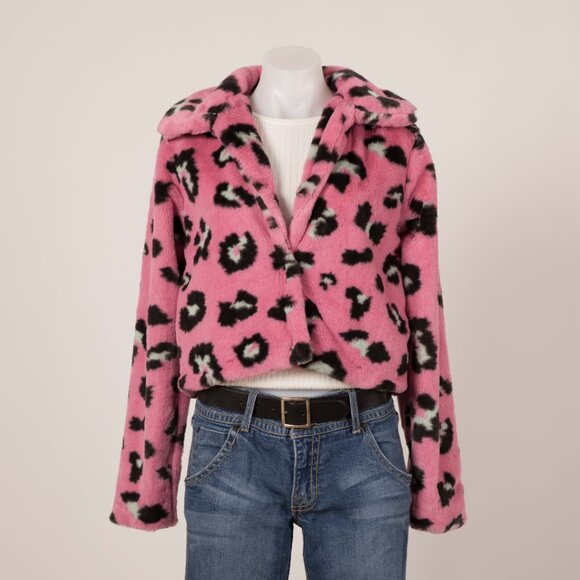 Leche Cropped Pink Leopard Print Faux Fur Jacket - Picture 1 of 4